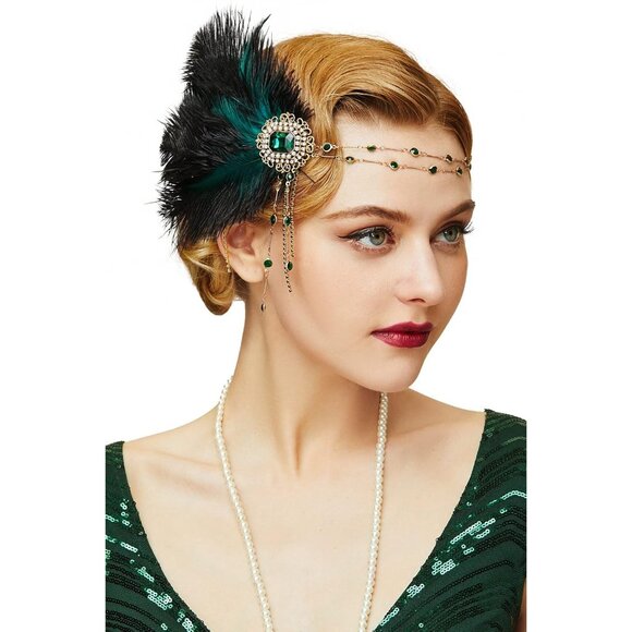 1920s Flapper Headband Beaded Feather Costume Accessory for Gatsby Style - Picture 1 of 6